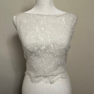 Anne Barge Floral Lace Pearl Button Back Bridal Topper Crop Top Ivory FLAW
